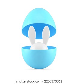 Blue open Easter egg with hiding bunny long ears religious holiday festive bauble 3d icon realistic vector illustration. Painted eggshell with hide rabbit traditional spring seasonal minimal animal