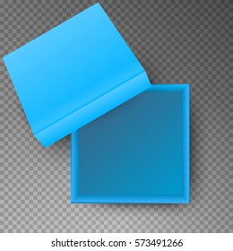 Blue open empty squares cardboard box isolated on transparent background. Mockup template for design products, package, branding, advertising. Top view. Vector illustration.