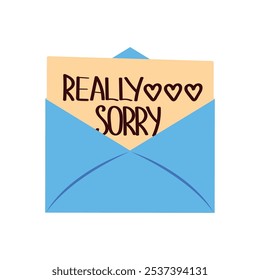 Blue open envelope with apology. Vector illustration of letter with handwritten inscription Sorry and hearts.