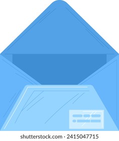 Blue open envelope with letter inside, paper and office supplies, flat design. Communication and postal concept vector illustration.