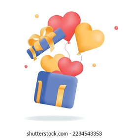 Caja de regalo azul abierta con globos. Elemento 3d realista para la venta, regalo, cumpleaños o banners de boda. Ilustración vectorial aislada en fondo blanco.