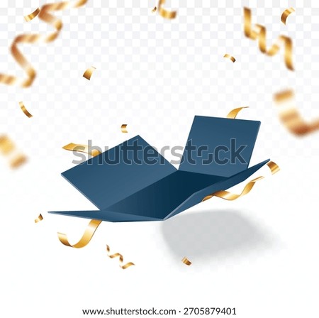Blue Open Gift Box With Falling Gold Confetti. Present box for birthday, Christmas and New Years