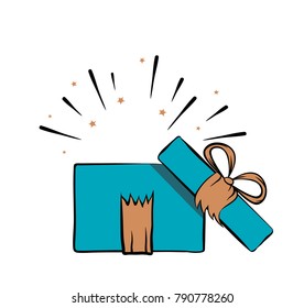 Blue open gift box with gold ribbon