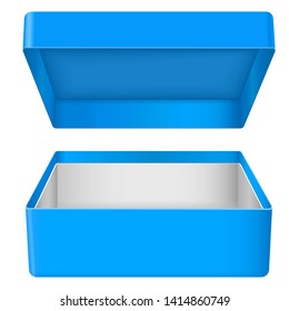 Blue open gift box. Realistic carton mock up. Vector illustration isolated on white background