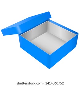 Blue open gift box. Realistic carton mock up. Vector illustration isolated on white background