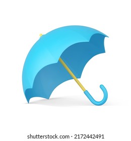 Blue open glossy umbrella seasonal weather climate protection sun and rain safety realistic 3d icon vector illustration. Waterproof parasol meteorology protective element fashion accessory with handle