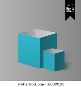 Blue open isometric colorful boxes isolated on the light background. Open isometric gift boxes. Delivery isometric box. Set of gift isometric boxes. Parcel isometric box. Package box. Surprise boxes.