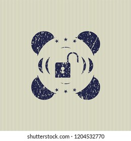 Blue open lock icon inside distress rubber grunge stamp