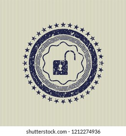 Blue open lock icon inside distressed rubber stamp