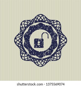 Blue open lock icon inside distress rubber seal with grunge texture