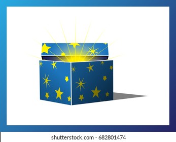Blue open magic gift box with stars pattern isolated vector illustration