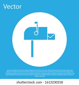 Blue Open mail box icon isolated on blue background. Mailbox icon. Mail postbox on pole with flag. White circle button. Vector Illustration