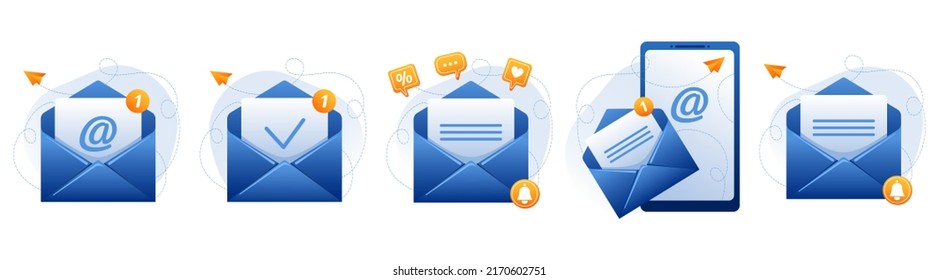 Blue open mail envelopes with email sign, new message, letter, check mark. Sending advertising emails, offering discount, sale. Email management concept. Vector icons set.