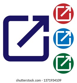 Blue Open in new window icon isolated on white background. Open another tab button sign. Browser frame symbol. External link sign. Set color icon in circle buttons. Vector Illustration