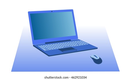 blue open notebook (laptop) is on the table, with blue screen the site, next to a computer mouse (PC mouse),for Internet browsing or office