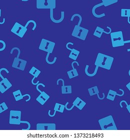 Blue Open padlock icon isolated seamless pattern on blue background. Opened lock sign. Cyber security concept. Digital data protection. Safety safety. Vector Illustration
