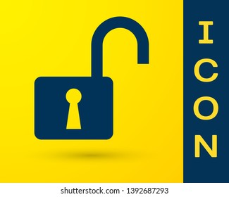 Blue Open padlock icon isolated on yellow background. Opened lock sign. Cyber security concept. Digital data protection. Safety safety. Vector Illustration
