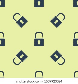 Blue Open padlock icon isolated seamless pattern on yellow background. Opened lock sign. Cyber security concept. Digital data protection. Safety Vector Illustration