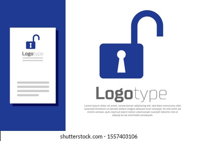 Blue Open padlock icon isolated on white background. Opened lock sign. Cyber security concept. Digital data protection. Safety safety. Logo design template element. Vector Illustration