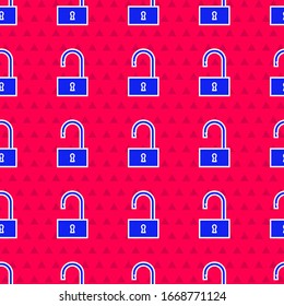 Blue Open Padlock Symbol einzeln auf rotem Hintergrund. Geöffnetes Sperrzeichen. Cybersicherheitskonzept. Digitaler Datenschutz. Vektorillustration-Illustration