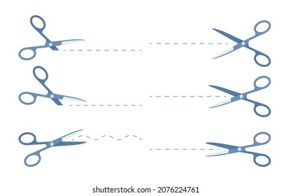 Blue open scissors in flat cartoon style with cut lines set. Icons of scissors with dashed line for cutting paper, discount coupon or marck. Cut out line icon Isolated on white vector illustration
