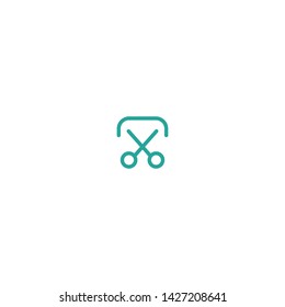 Blue open scissors with stitch line icon isolated on white. Cut sign. Utensil or hairdresser symbol. vector illustration.