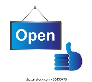 blue open sign and hand ok isolated over white background. vector