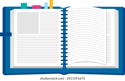 Blue open spiral notebook with lined and blank pages, vector illustration. Education and organization concept with copy space, stationary design.