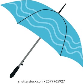 Blue open stick umbrella. Vector illustration isolated on transparent background. Parasol for rainy weather. Rain protection accessory.