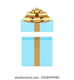 Blue open wrapped gift box with luxury golden bow ribbon holiday present 3d icon realistic vector illustration. Elegant squared package for prize surprise festive birthday Christmas celebrate