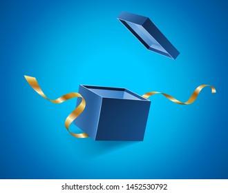 Blue opened 3d realistic gift box with golden ribbons flying off cover and place for your text, realistic box vector illustration