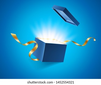 Blue opened 3d realistic gift box with magical shining glow and golden ribbons flying off cover, place for your text, realistic box with shine vector illustration