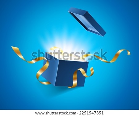 Blue opened 3d realistic gift box with magical shining glow and golden ribbons flying off cover, place for your text vector illustration