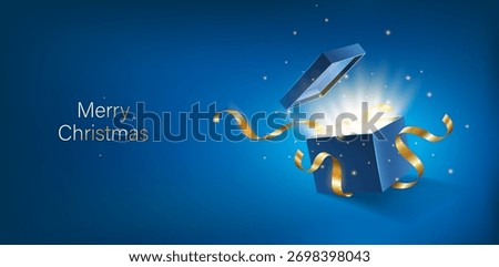 Blue opened 3d realistic gift box with magical shining glow and golden ribbons flying off cover, place for your text vector illustration