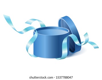 Blue opened 3d realistic round gift box with flying off cover and ribbons and place for your text, realistic box vector illustration