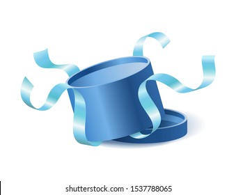 Blue opened 3d realistic round gift box with flying off cover and ribbons and place for your text, realistic box vector illustration