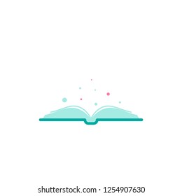 blue opened book with bubbles isolated on white. Flat reading icon. Vector illustration. Education logo. Library pictogram. Knowledge, quote