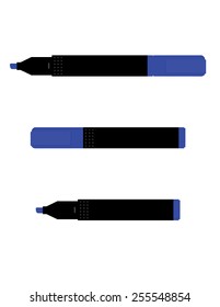Blue opened, closed marker, highlighter vector icon set isolated