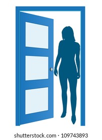 Blue opened door with woman's silhouette, vector