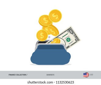 Blue opened purse with 1 US Dollar Banknote and coins. Flat style vector illustration. Business concept.