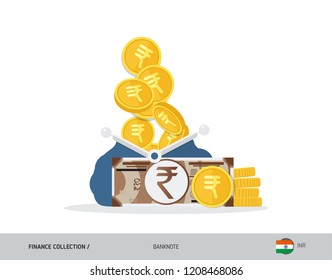 Blue opened purse with 10 Indian Rupee Banknote and coins. Flat style vector illustration. Business concept.