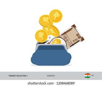 Blue opened purse with 10 Indian Rupee Banknote and coins. Flat style vector illustration. Business concept.
