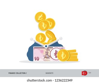 Blue opened purse with 10 Turkish Lira Banknote and coins. Flat style vector illustration. Business concept.