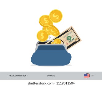 Blue opened purse with 10 US Dollar Banknote and coins. Flat style vector illustration. Business concept.
