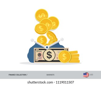 Blue opened purse with 10 US Dollar Banknote and coins. Flat style vector illustration. Business concept.