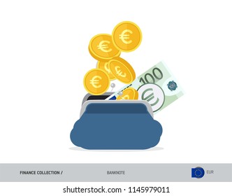 Blue opened purse with 100 Euro Banknote and coins. Flat style vector illustration. Business concept.