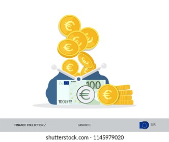 Blue opened purse with 100 Euro Banknote and coins. Flat style vector illustration. Business concept.