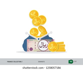 Blue opened purse with 100 Saudi Arabia Riyal and coins. Flat style vector illustration. Business concept.