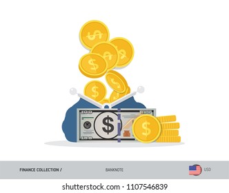 Blue opened purse with 100 US Dollar Banknote and coins. Flat style vector illustration. Business concept.
