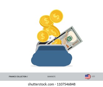 Blue opened purse with 100 US Dollar Banknote and coins. Flat style vector illustration. Business concept.